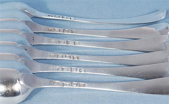 A set of six early George III silver Old English pattern table spoons, Length 8 ¾”/219mm Combined weight 15.2oz/431grms